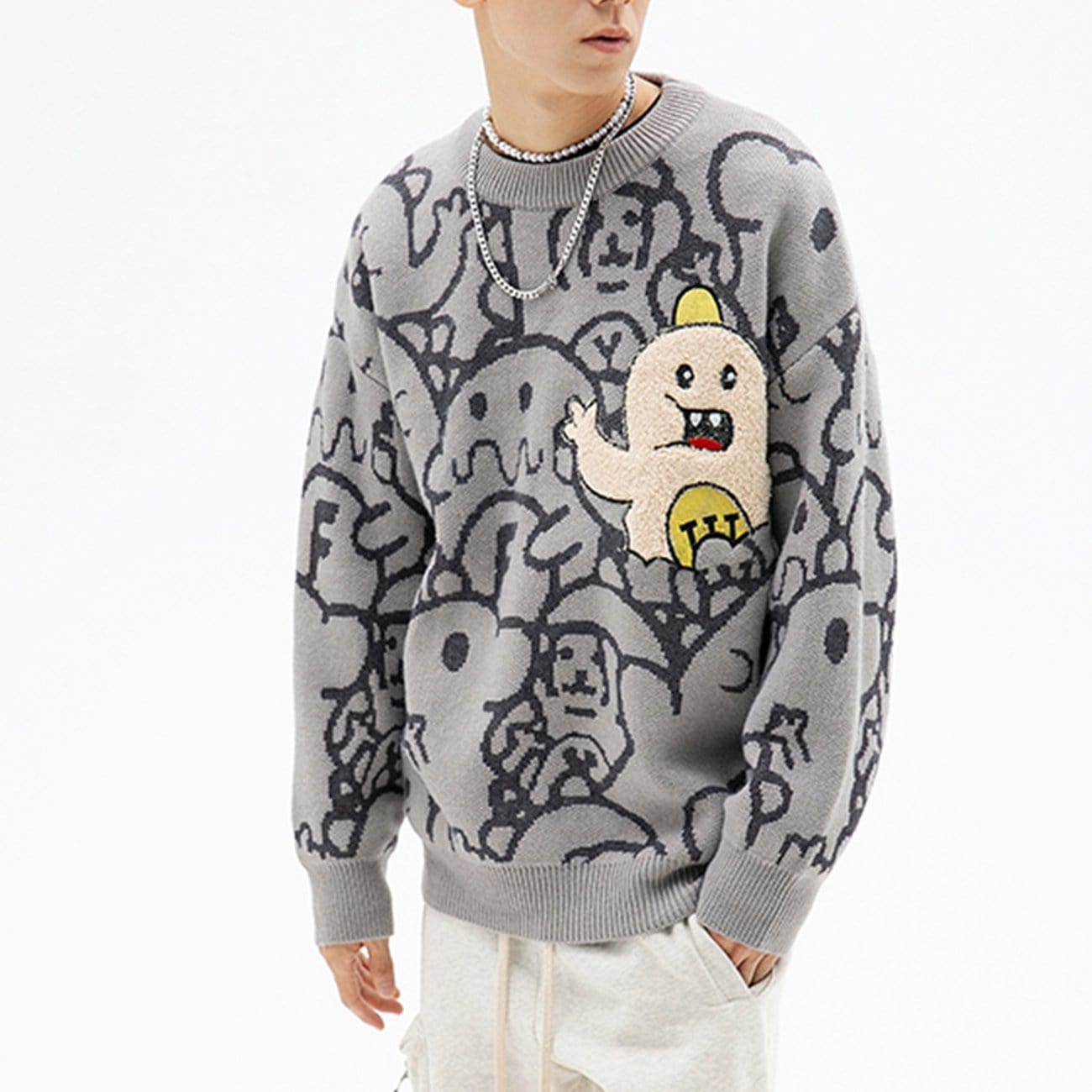 Strickpullover mit Cartoon-Stickerei