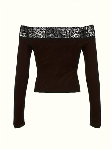 Y2K Elegant Lace Stitching One-Shoulder Fit Long Sleeve Top for Targeted