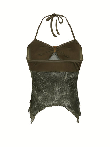 Y2K Tribal Print Green Cami Top with Metal Buckle and Ruched Halter Neck, Polyester Spandex Blend, High Stretch Knit Fabric, Pullover Slingback Style for Spring/Summer/Fall