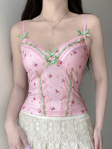 Chic Y2K Floral & Plaid Lace-Trim Cami Top - French-Inspired, Stretchy Linen Blend, Machine Washable - Perfect for All Seasons
