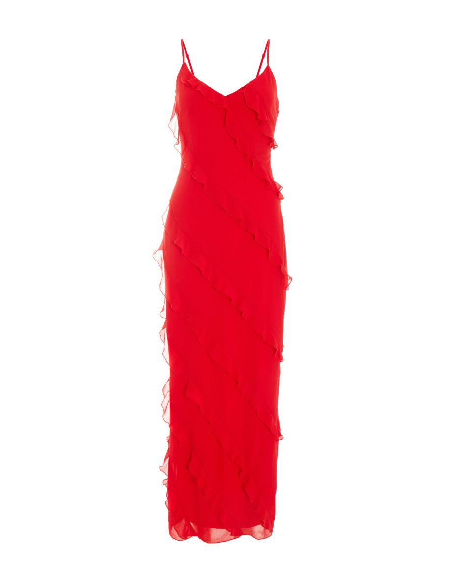 Ruffle Tie Backless Slip Maxi Dress - Red