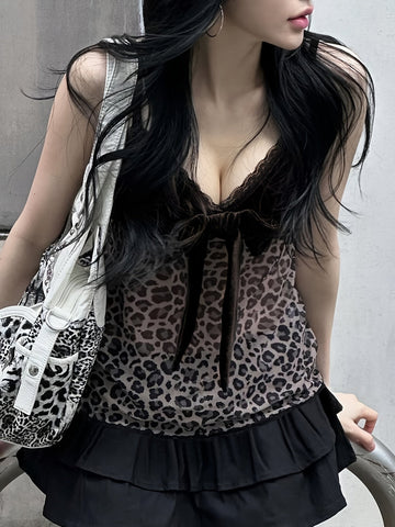 Y2K-Inspired Leopard Print and Velvet V-Neck Camisole with Lace Detailing and Bow Accent, Adjustable Straps - Stylish French Streetwear