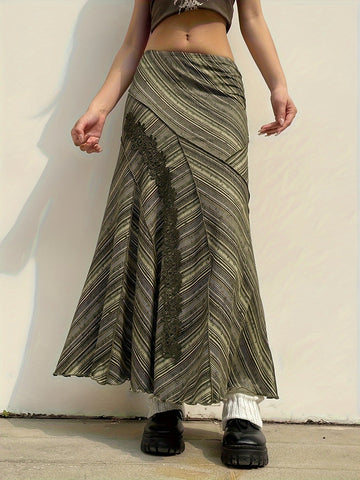 Striped Lace Stitching Skirt, Y2K Ruffle Hem Maxi Skirt, Clothing