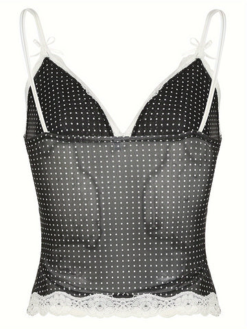 Y2K-Inspired Lace Bow Cami Top with V-Neck & Polka Dot Mesh - Stretchy, Breathable Fabric for All Seasons
