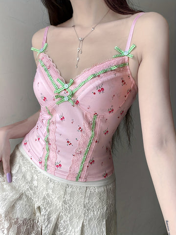 Chic Y2K Floral & Plaid Lace-Trim Cami Top - French-Inspired, Stretchy Linen Blend, Machine Washable - Perfect for All Seasons