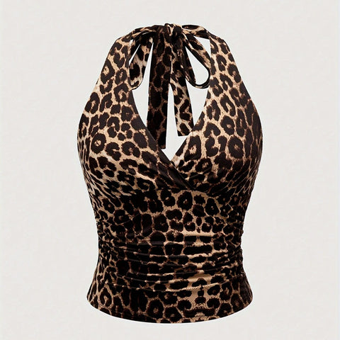 Stretchy Polyester Blend Leopard Print Halter Top - Y2K Grunge Punk Casual Ruched Detail for - Machine Washable