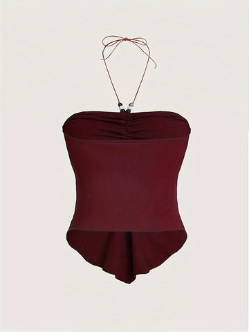 Solid Color Stretchy Polyester Blend Halter Neck Top - Y2K-Inspired Beaded Detail, Perfect for All Seasons