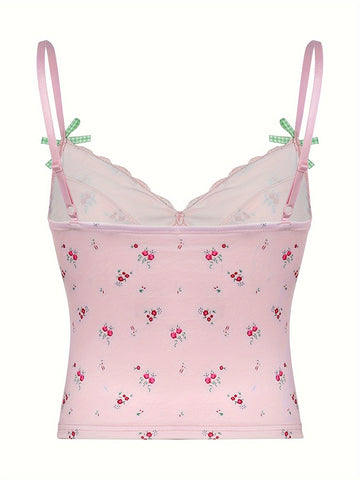 Chic Y2K Floral & Plaid Lace-Trim Cami Top - French-Inspired, Stretchy Linen Blend, Machine Washable - Perfect for All Seasons