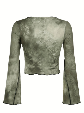 Tie Dye Flare Sleeve T-shirt, Y2K Notched Neck Lettuce Trim Long Sleeve Top For & Fall, Clothing