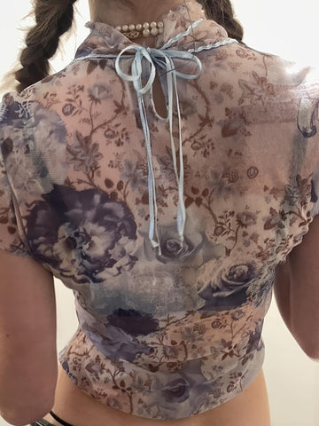 Rustic Retro Floral Mesh T-shirt Y2K Pleated Lace Contrast Color Weft Lanyard Bow Short Top French Style