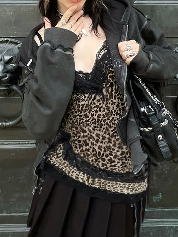 Y2K Leopard Print Cami Top with Lace Trim and Bow Detail, V-Neck, Polyester Blend - Stylish Tank