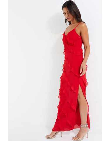 Vestido largo lencero con volantes y lazo en la espalda - Rojo