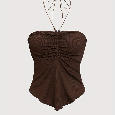 Solid Color Stretchy Polyester Blend Halter Neck Top - Y2K-Inspired Beaded Detail, Perfect for All Seasons