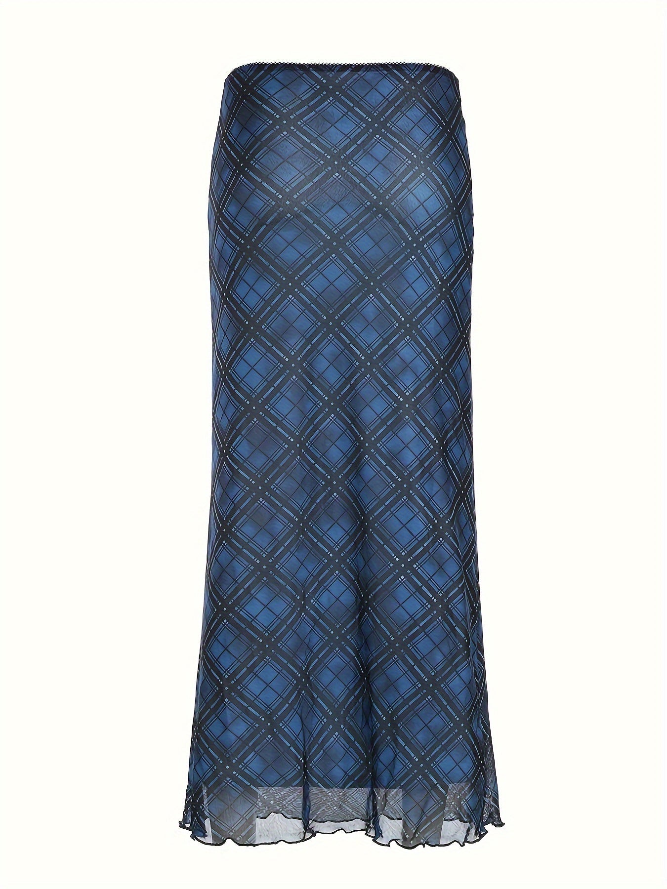 Y2K-Inspired Vintage Plaid Mesh Maxi Skirt with Bow Detail - Stretchy & Machine Washable, Elegant Two-Layer Design for Women