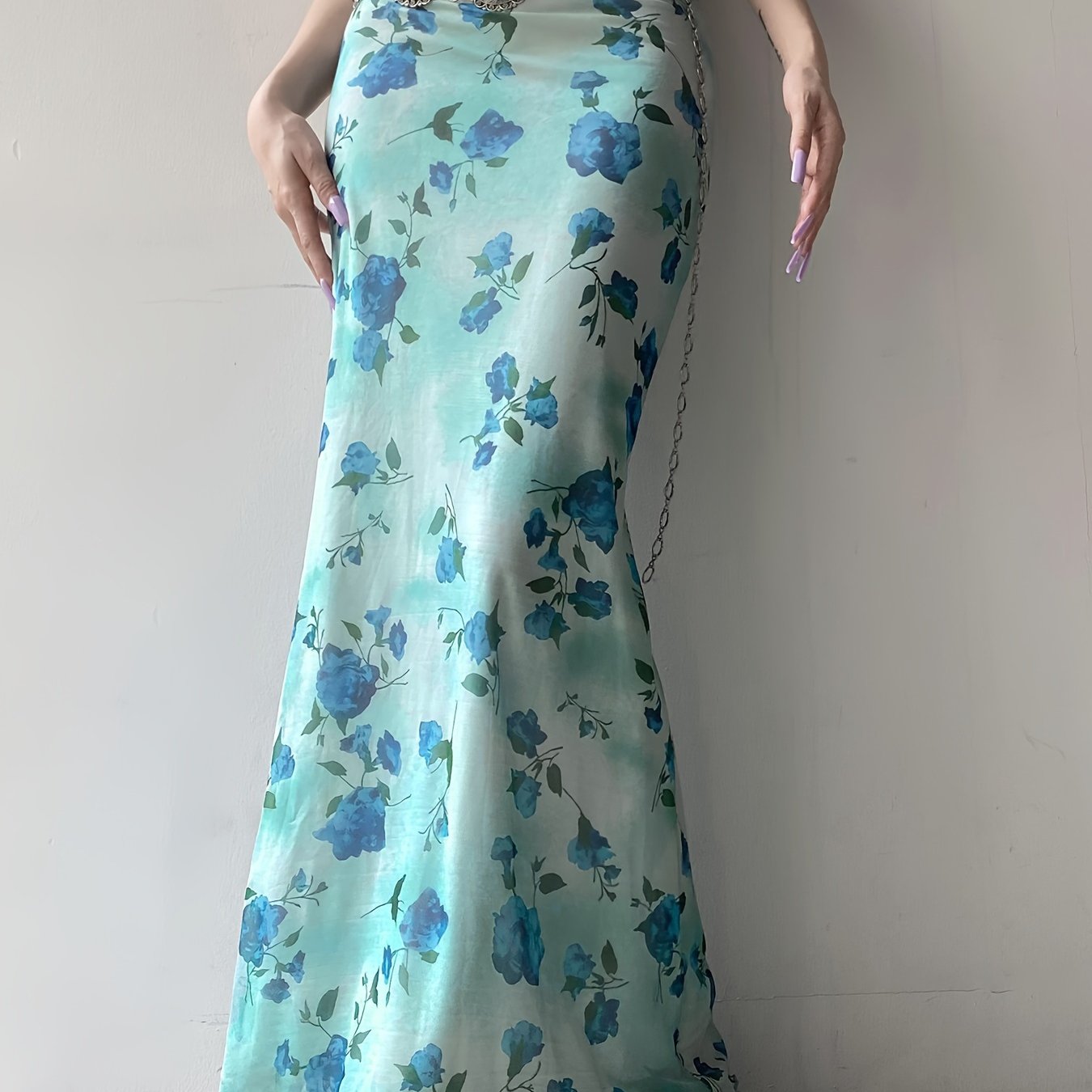 Vintage Floral Print Mesh Long Skirt with Bow - Retro Y2K Aesthetic - - Polyester Blend - Knit Fabric - Seasonal All Year Round - Exclusive Collection