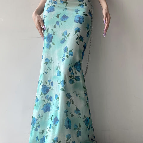 Vintage Floral Print Mesh Long Skirt with Bow - Retro Y2K Aesthetic - - Polyester Blend - Knit Fabric - Seasonal All Year Round - Exclusive Collection