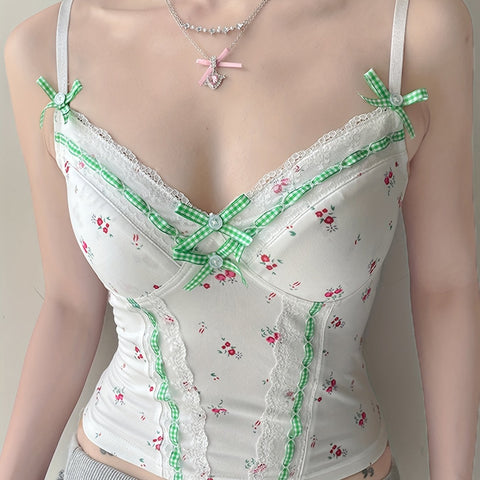 Chic Y2K Floral & Plaid Lace-Trim Cami Top - French-Inspired, Stretchy Linen Blend, Machine Washable - Perfect for All Seasons