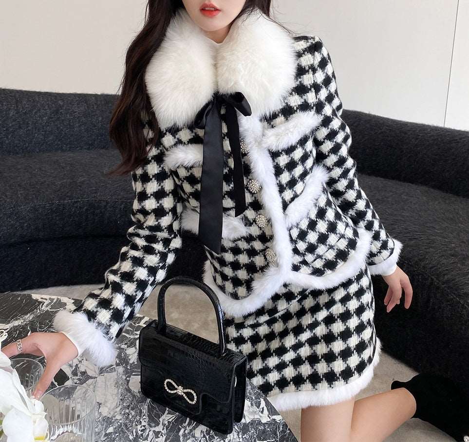 Acacia Classic Houndstooth Fur Collar White Black Jacket Skirt Two Piece Set