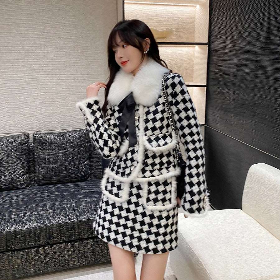 Acacia Classic Houndstooth Fur Collar White Black Jacket Skirt Two Piece Set