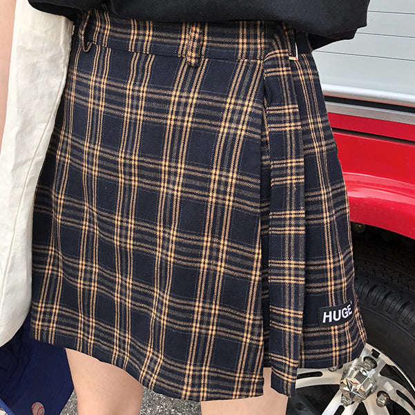 Belted Asymmetrical Plaid Skirt