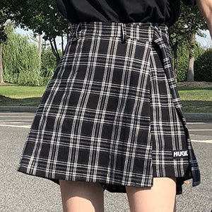 Belted Asymmetrical Plaid Skirt