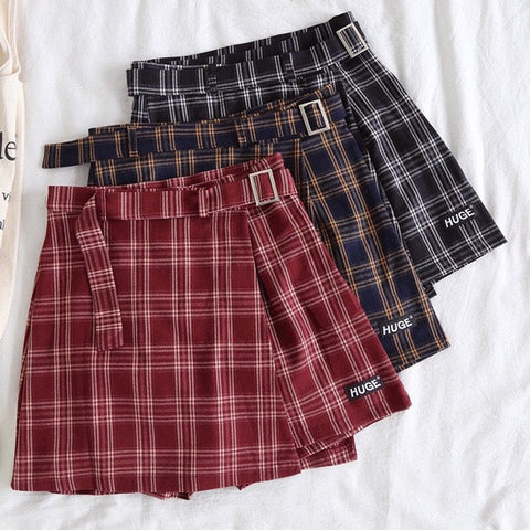 Belted Asymmetrical Plaid Skirt