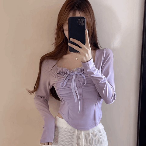 Chic White Purple Sweet Beautiful Lace Ribbon Long Sleeve Shirt