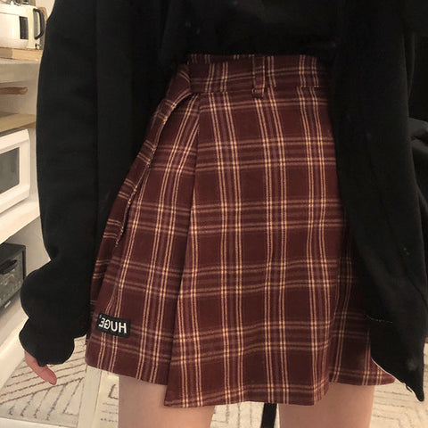 Belted Asymmetrical Plaid Skirt