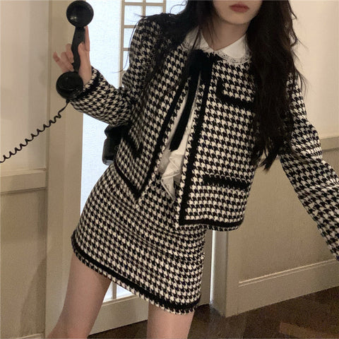 Retro Chic Houndstooth Black and White Jacket & Skirt Two Piece Set