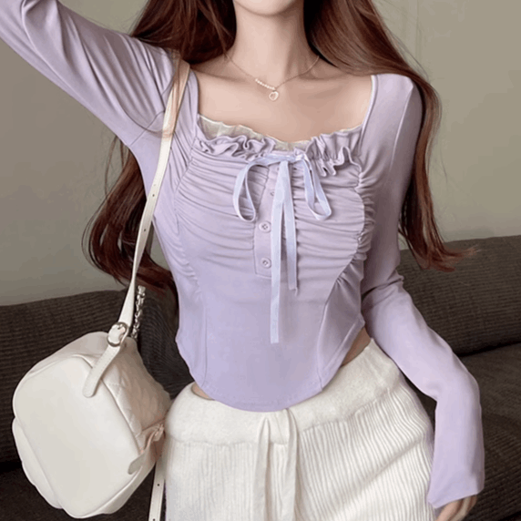 Chic White Purple Sweet Beautiful Lace Ribbon Long Sleeve Shirt