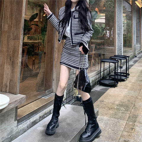 Retro Chic Houndstooth Black and White Jacket & Skirt Two Piece Set