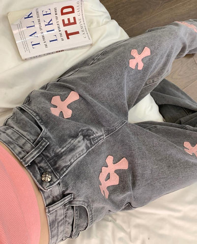 Women Denim Pink Cross Jeans Pants