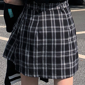 Belted Asymmetrical Plaid Skirt