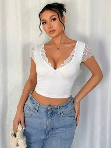 V-Neck Lace Solid Color Top