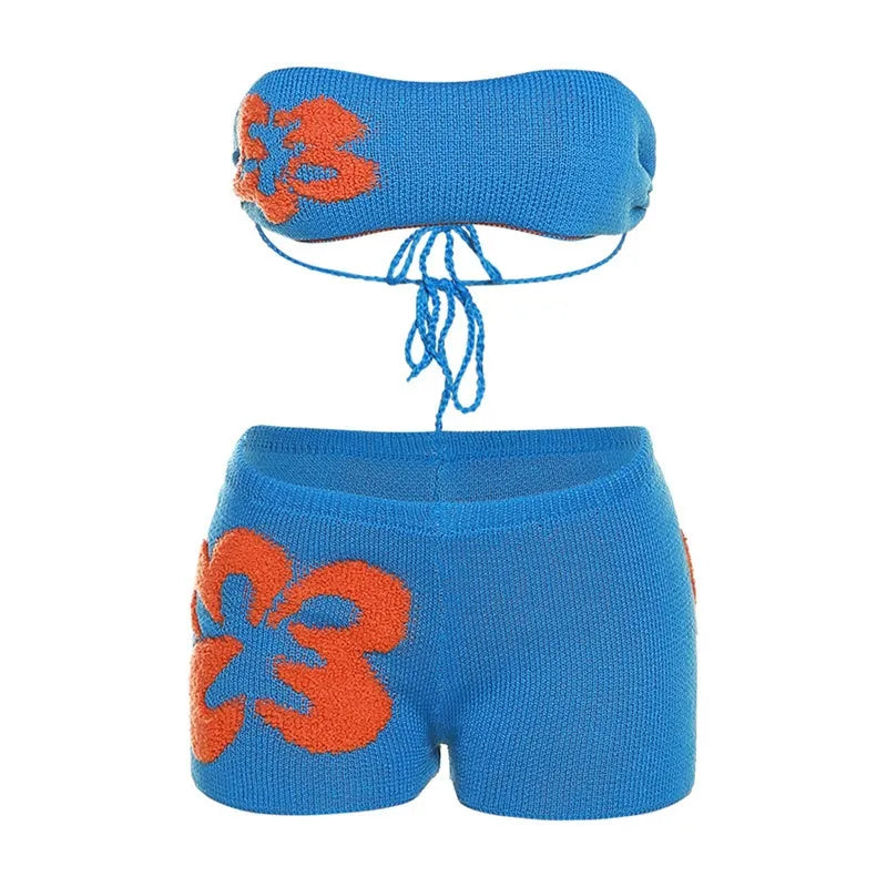 Knitted Color-Block Fitted Short Set Of Pants