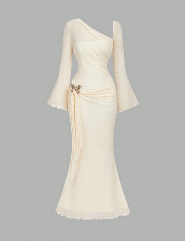 Butterfly Button Pleated Fish Tail Dress