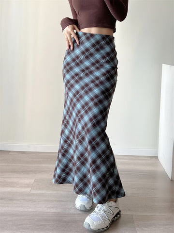 Y2K E-Girls Streetwear Vintage 90s Plaid High Waist Brown Midi Skirts Indie Aesthetics Printing A-Line Long Skirt