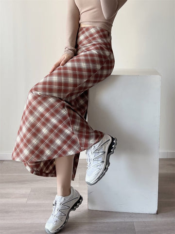 Y2K E-Girls Streetwear Vintage 90s Plaid High Waist Brown Midi Skirts Indie Aesthetics Printing A-Line Long Skirt