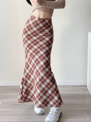 Y2K E-Girls Streetwear Vintage 90s Plaid High Waist Brown Midi Skirts Indie Aesthetics Printing A-Line Long Skirt