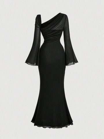 Butterfly Button Pleated Fish Tail Dress