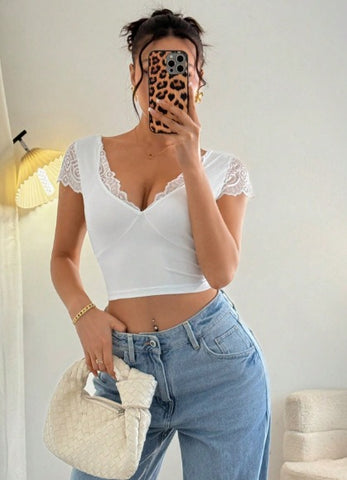V-Neck Lace Solid Color Top