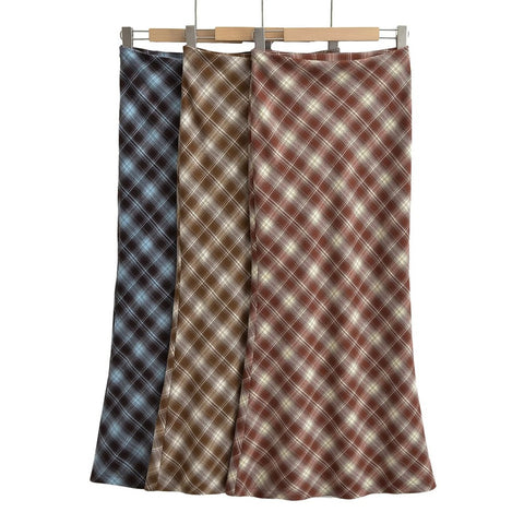 Y2K E-Girls Streetwear Vintage 90s Plaid High Waist Brown Midi Skirts Indie Aesthetics Printing A-Line Long Skirt