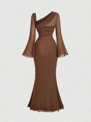 Butterfly Button Pleated Fish Tail Dress