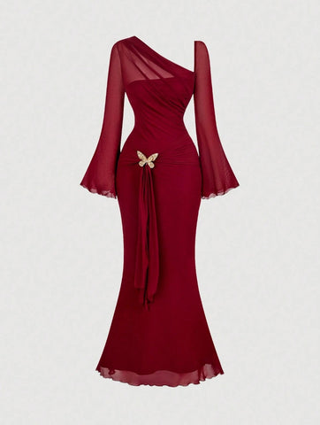 Butterfly Button Pleated Fish Tail Dress
