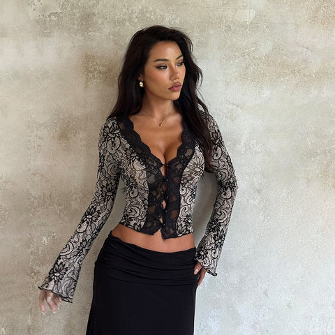 Lace Deep V-Long-Sleeved Top