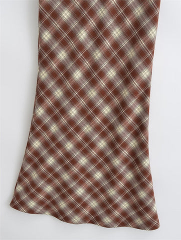 Y2K E-Girls Streetwear Vintage 90s Plaid High Waist Brown Midi Skirts Indie Aesthetics Printing A-Line Long Skirt