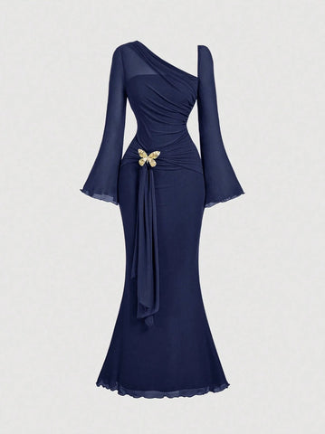 Butterfly Button Pleated Fish Tail Dress