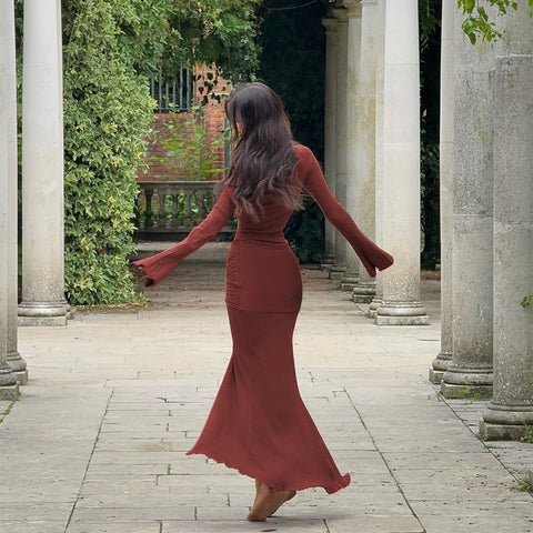 Twisted Round-Neck Long-Sleeved Slit Dress