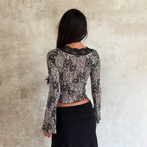 Lace Deep V-Long-Sleeved Top