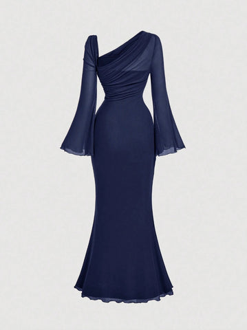 Butterfly Button Pleated Fish Tail Dress